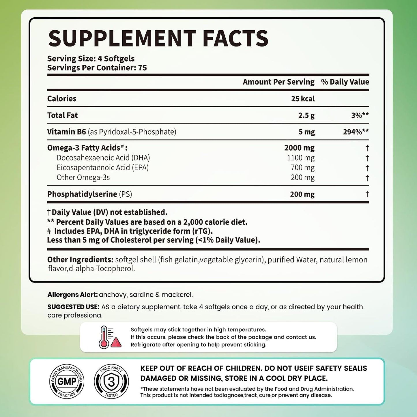Omega 3 Fish Oil with DHA & Phosphatidylserine, 300 Mini Softgels