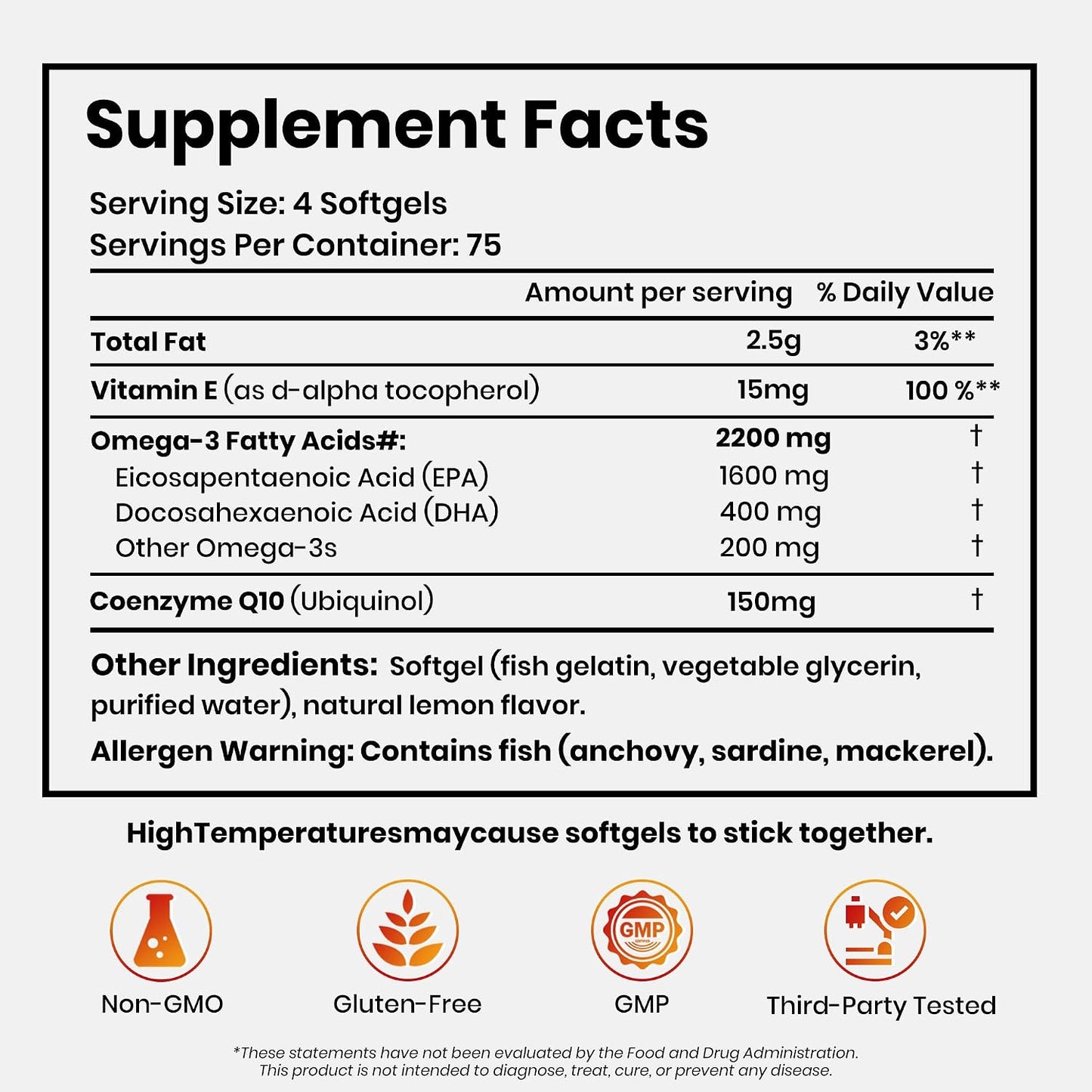 Omega 3 Fish Oil with CoQ10, 2200mg rTG Omega 3, 300 Softgels