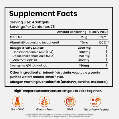 Omega 3 Fish Oil with CoQ10, 2200mg rTG Omega 3, 300 Softgels