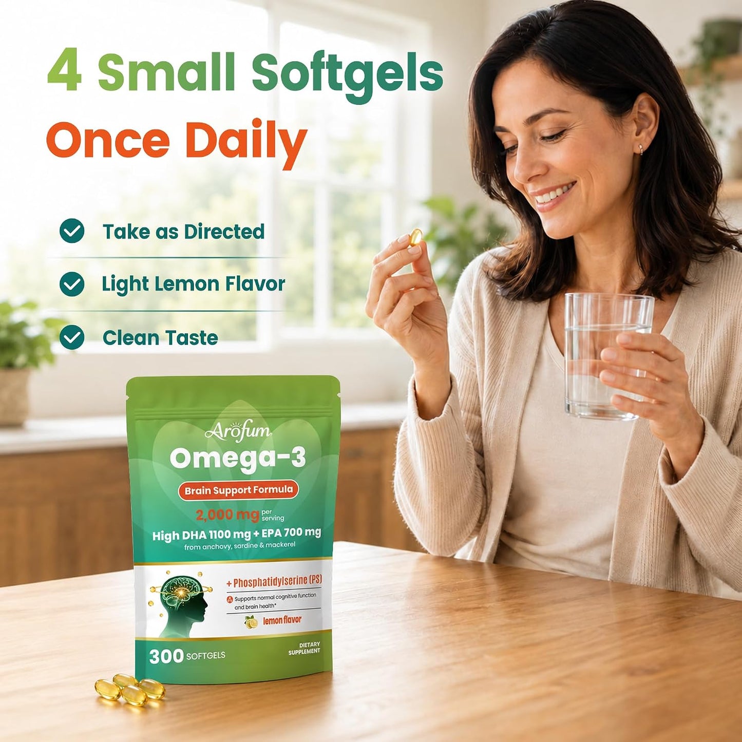 Omega 3 Fish Oil with DHA & Phosphatidylserine, 300 Mini Softgels