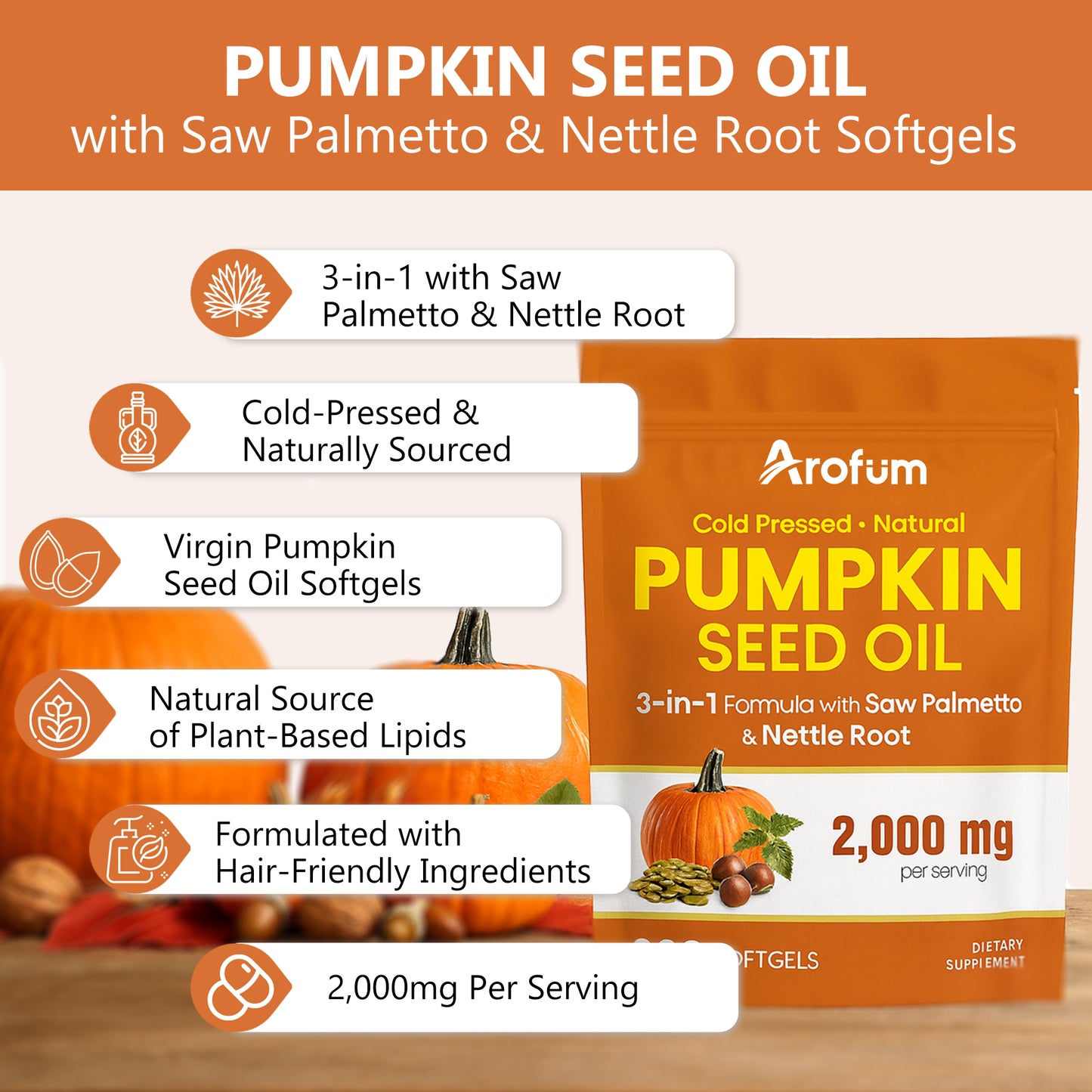 Pumpkin Seed Oil with Saw Palmetto & Nettle Root, 2000 mg per Serving, 300 Softgels