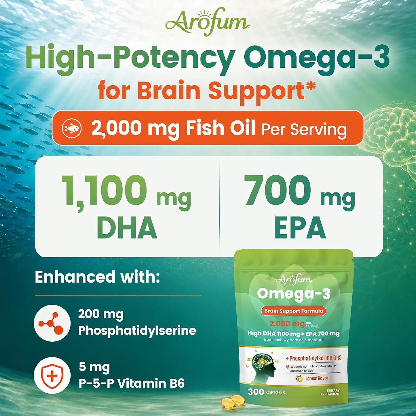 Omega 3 Fish Oil with DHA & Phosphatidylserine, 300 Mini Softgels